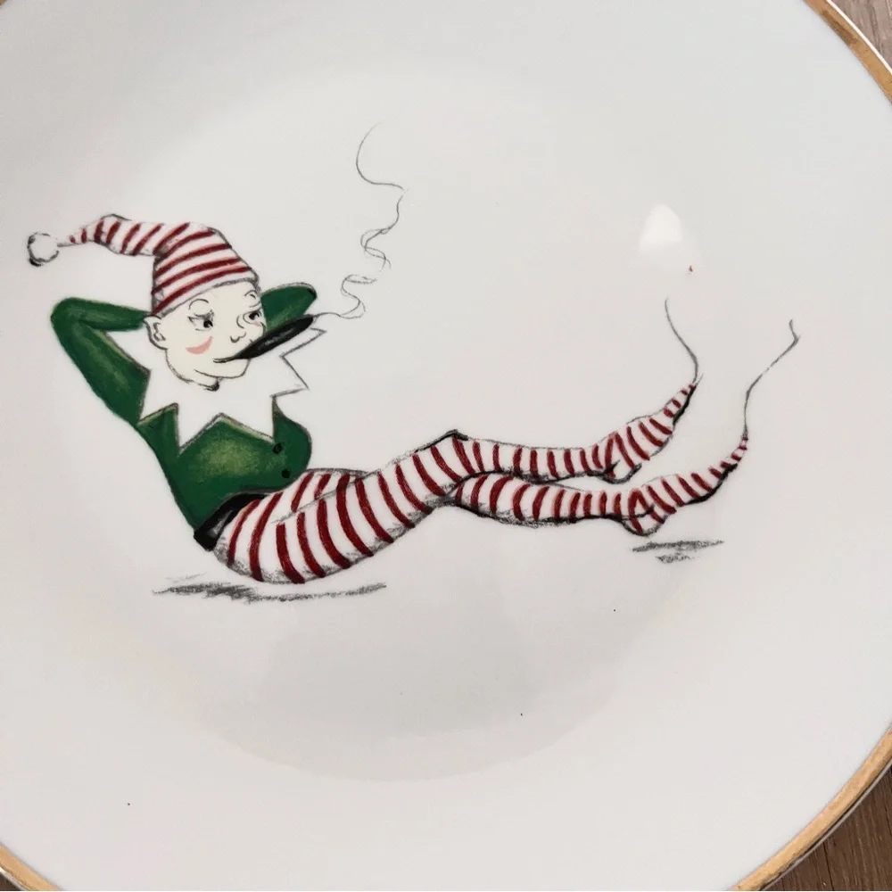 RARE Restoration Hardware NAUGHTY ELF Boxed Set of 6 Dessert Salad Plates‎ Vtg